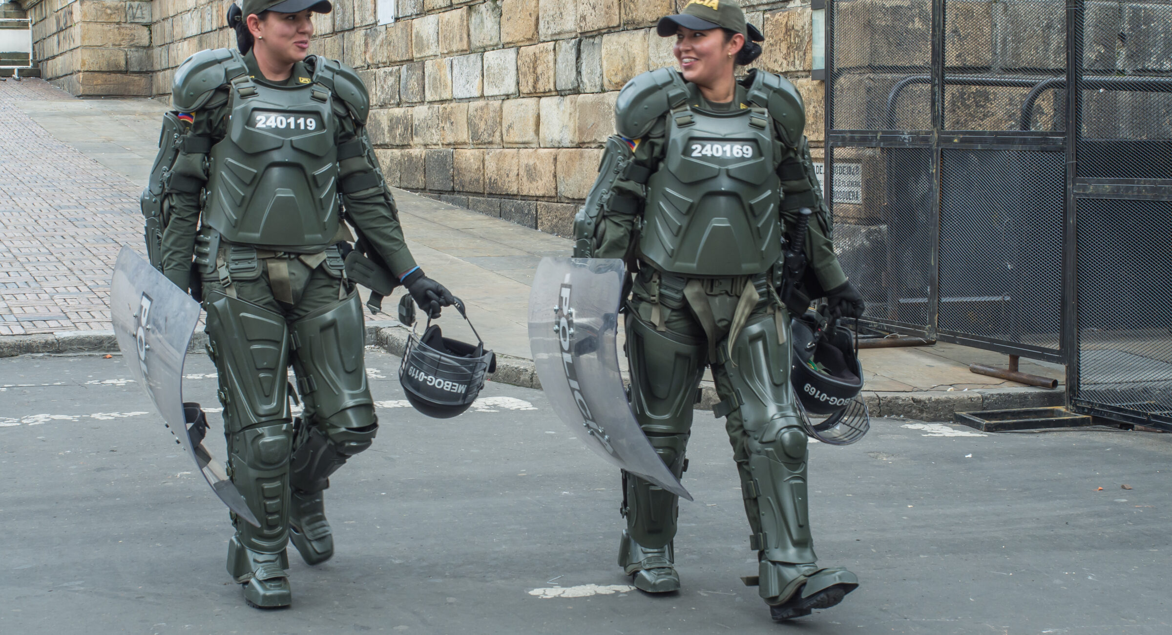 Bogota, Colombia - May 01, 2016: Armed riot police on the streets of Bogota